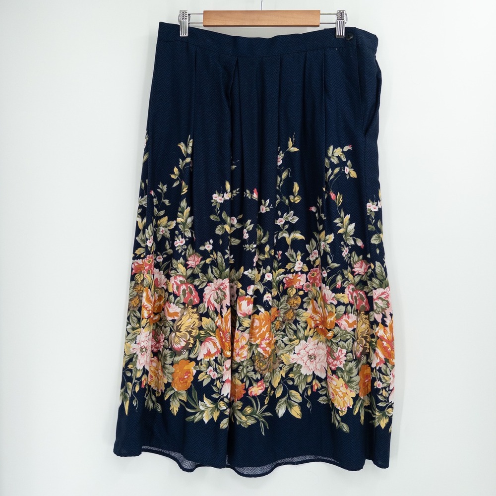 Vintage 90s Prairie Skirt Womens 18 Floral Navy Prairie Cottagecore Boho Modest